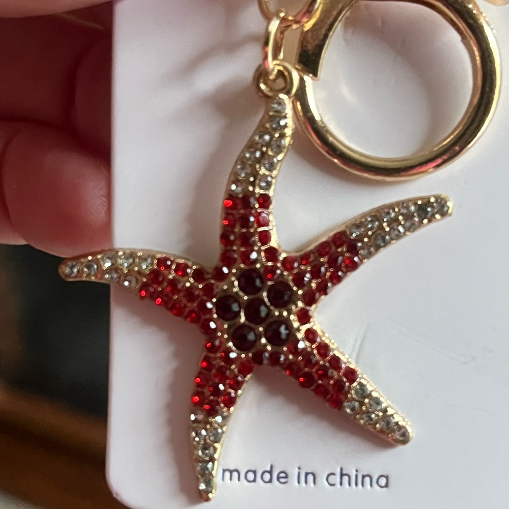 Starfish Keychain with Red and Silver Crystals